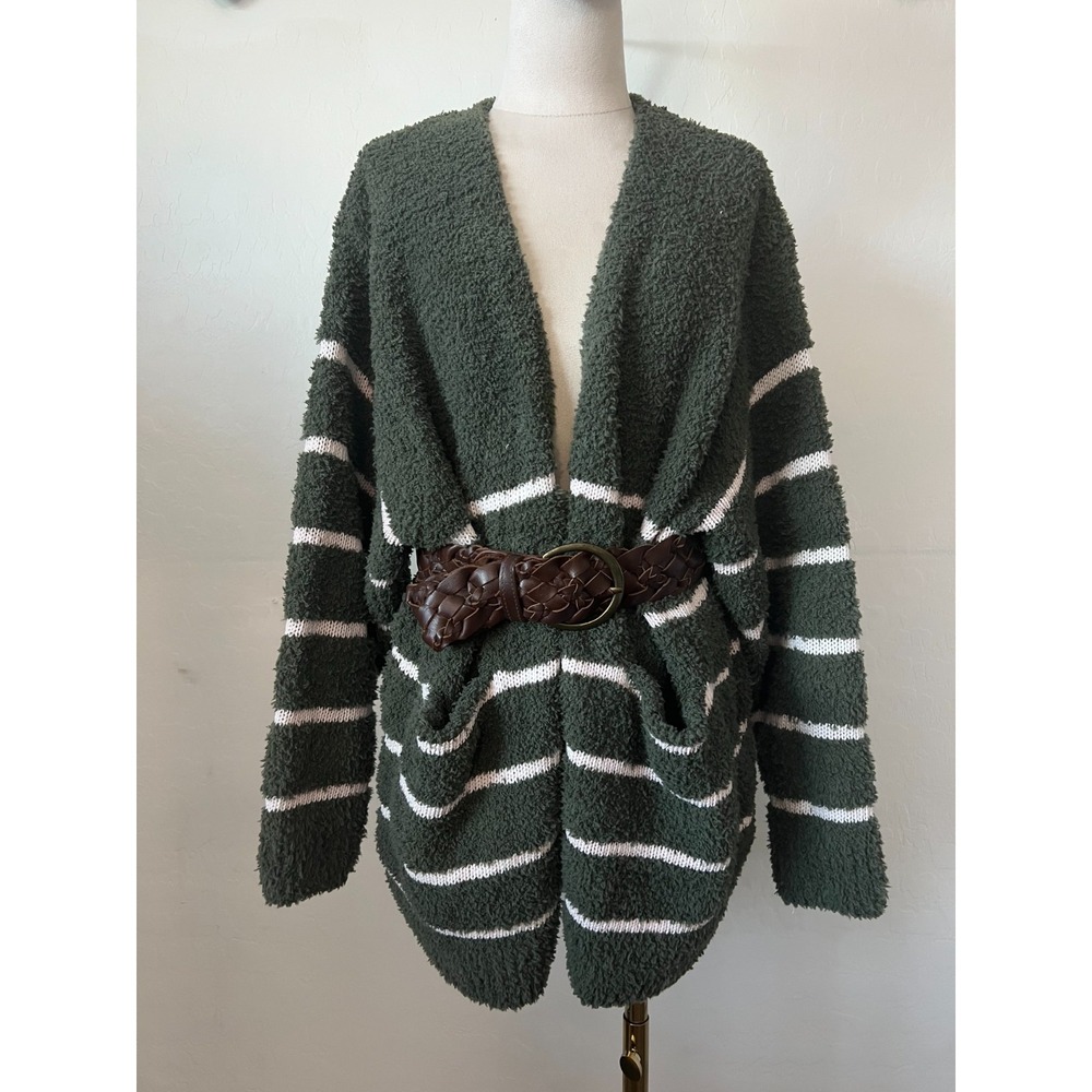 Olive green ultra soft striped knit cardigan sweater with pockets women s / m